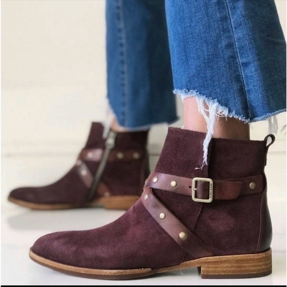 New Kork-Ease Kenai Harness Italian Suede Booties in Burgundy Wine - Picture 2 of 14